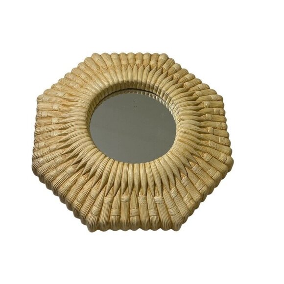 2 Homco Faux Wicker Rattan Wall Mirror Plastic Octagon Beige/Yellow Beach Decor - Picture 4 of 8
